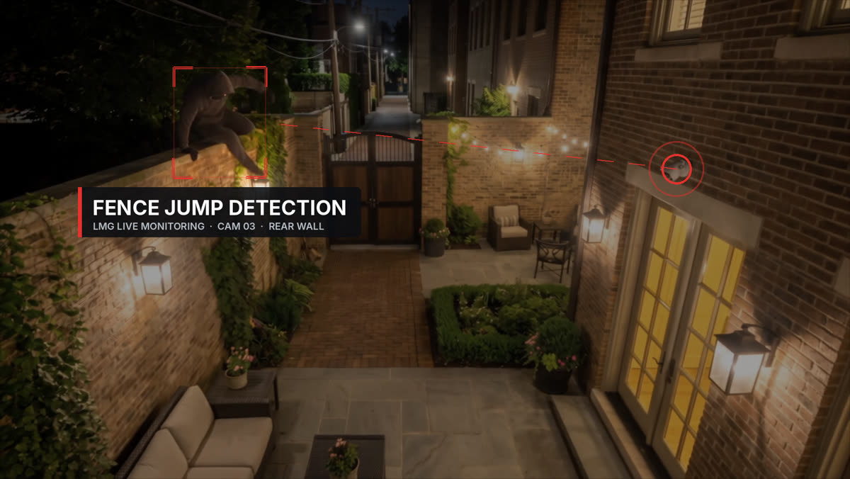A person on top of a brick garden wall, boxed in red and labeled Fence Jump Detection