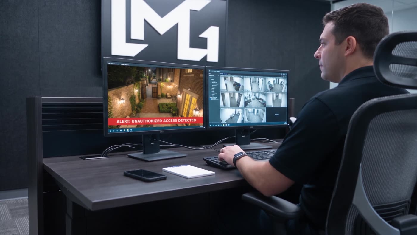 An LMG team member at a monitoring desk with the LMG logo on the wall